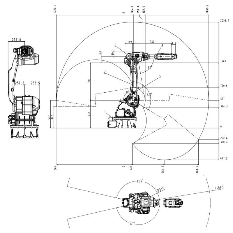 ROBOT SIZE DIMENSION & MAXIMUM MOTION RANGE VBR20-1600